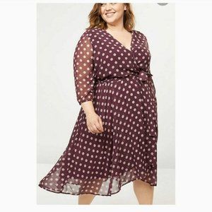Lane Bryant Purple Polka Dot Crossover V-Neckline 3/4 Sleeve Midi Dress Size 18